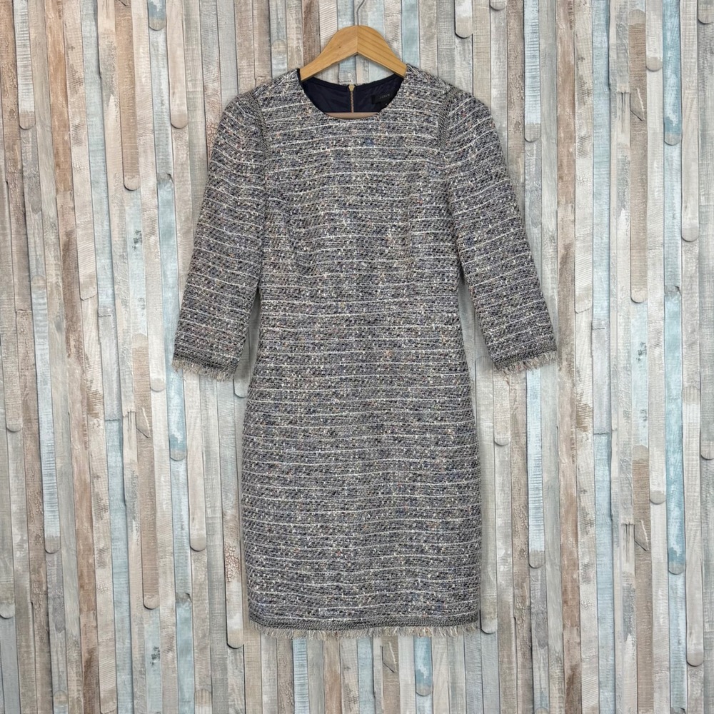 J Crew Boucle Tweed Fringe Fitted Sheath Dress 3/4 Sleeve Career Suiting Blue 4